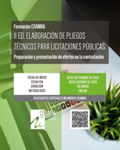 Formación COAMBA: II Ed. Elaboración de pliegos técnicos para licitaciones públicas. Preparación y presentación de ofertas en la contratación. II Ed. Elaboración de pliegos técnicos para licitaciones públicas