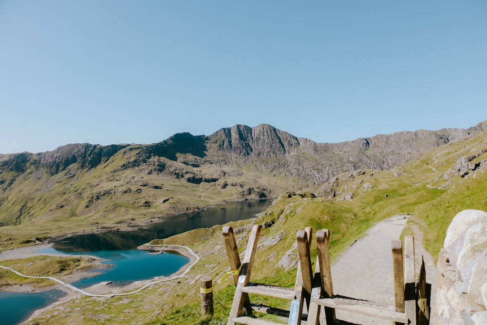 Mountain landscape with a lake and clear blue sky.